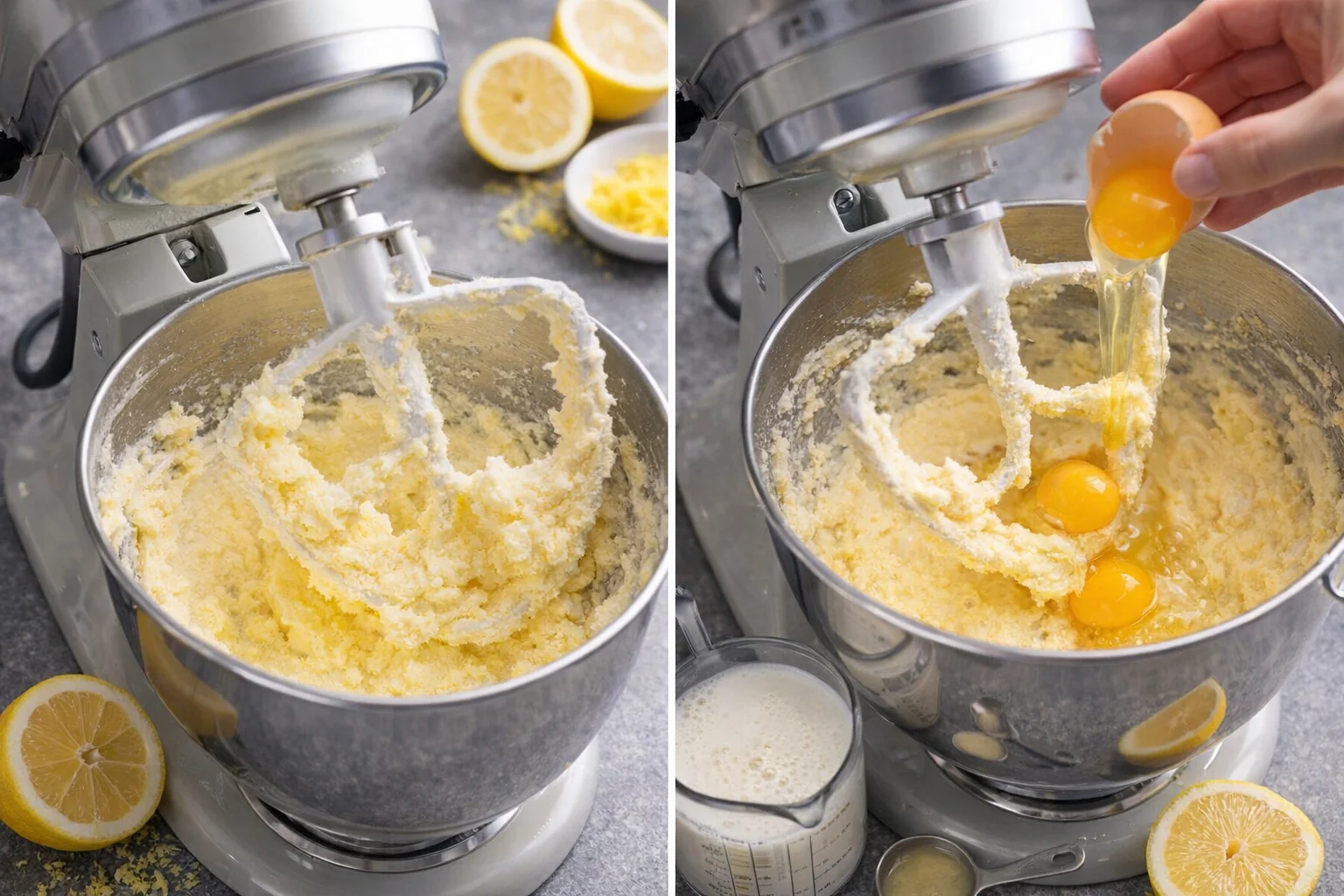 Stand mixer bowl showing pale, fluffy lemon-scented butter; egg added and buttermilk poured.