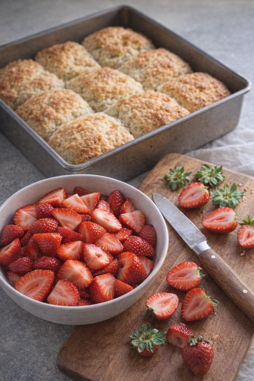Golden risen shortcake cooling on a rack while a bowl of hulled, sliced strawberries waits.