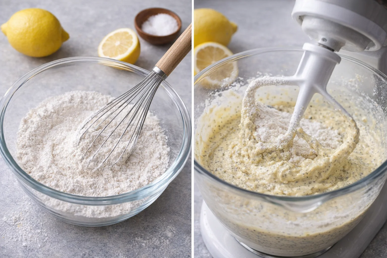 Dry ingredients whisked in bowl, then added to wet batter and mixed briefly until just combined.
