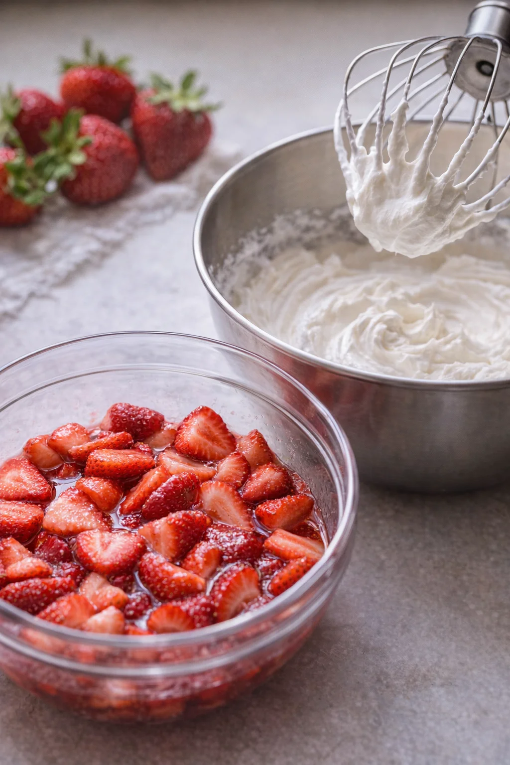 Bowl of sugared strawberries macerating alongside mixer bowl with whipped cream at soft peaks.