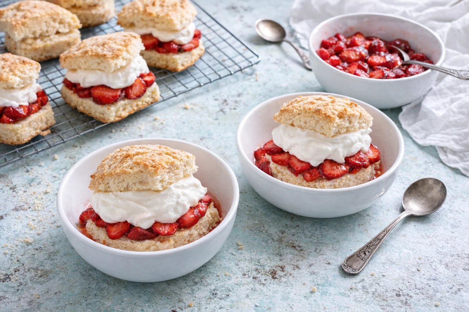 Shortcake wedge sliced horizontally and assembled with macerated strawberries and a generous dollop of whipped cream.