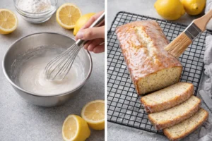 Small bowl of glossy lemon glaze whisked, and warm loaf brushed with glaze on wire rack.