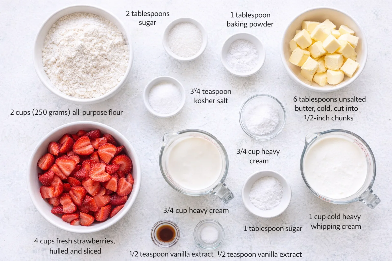 Measured ingredients arranged for Strawberry Shortcake: 2 cups (250 grams) all-purpose flour, 2 tablespoons sugar, 1 tablespoon baking powder, 3/4 teaspoon kosher salt, 6 tablespoons unsalted butter, cold, cut into 1/2-i