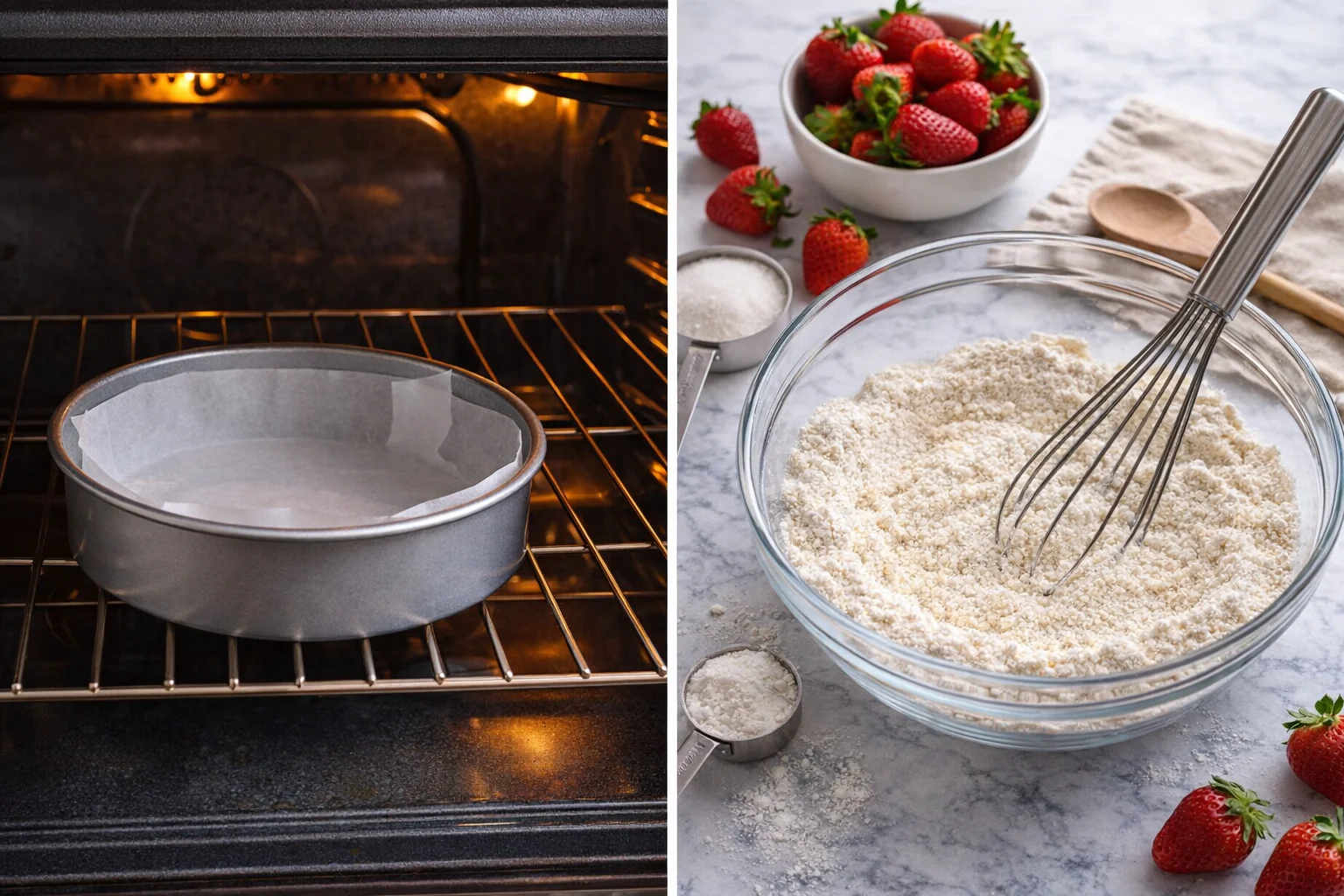 Parchment-lined 8-inch round pan beside a large bowl whisking flour, sugar, baking powder, and salt.