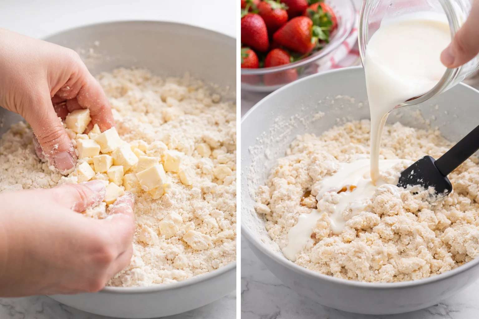 Coarse butter crumbs in bowl as cream and vanilla are poured and stirred with a spatula.