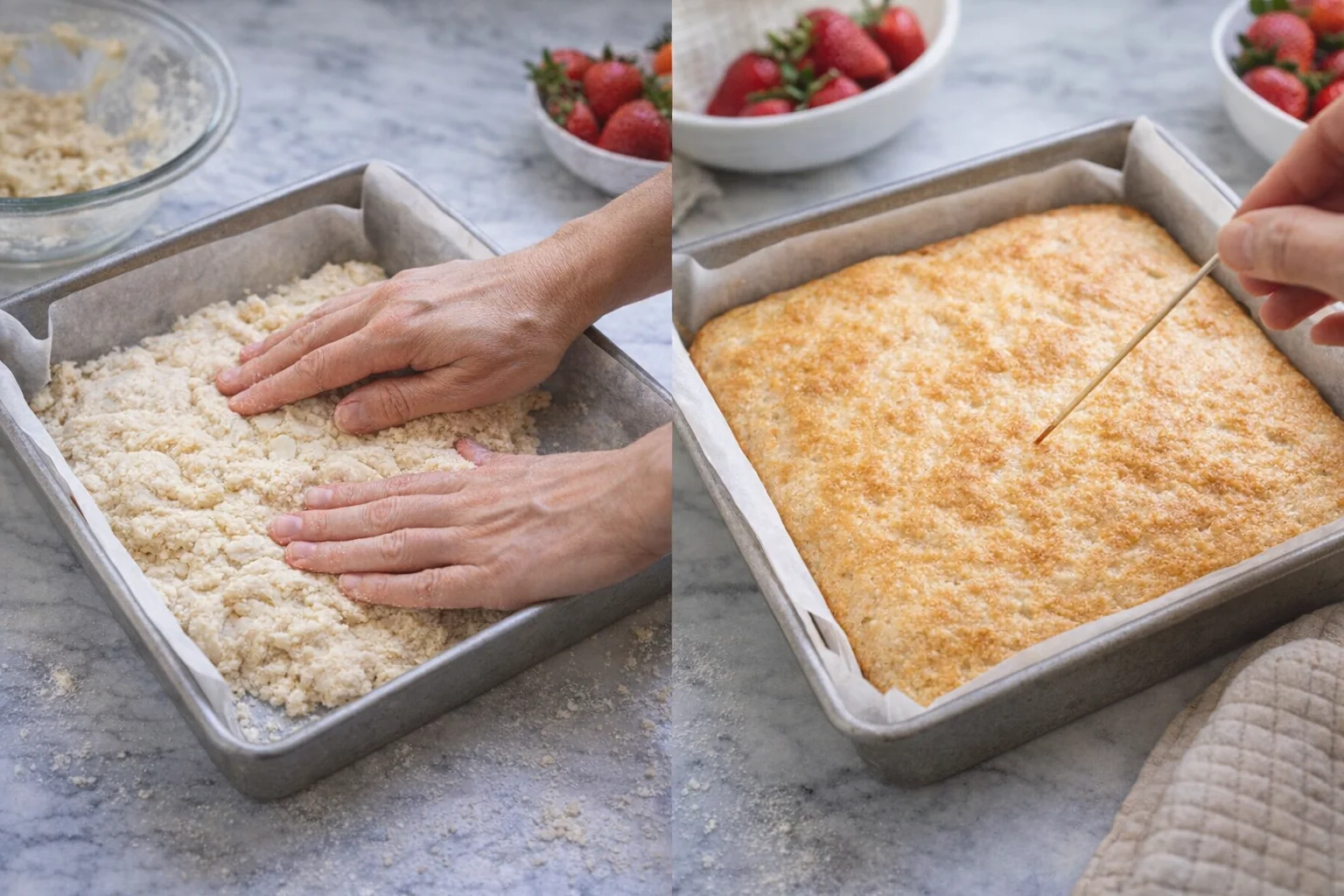 Smooth dough being pressed into parchment-lined pan before baking to a golden brown.