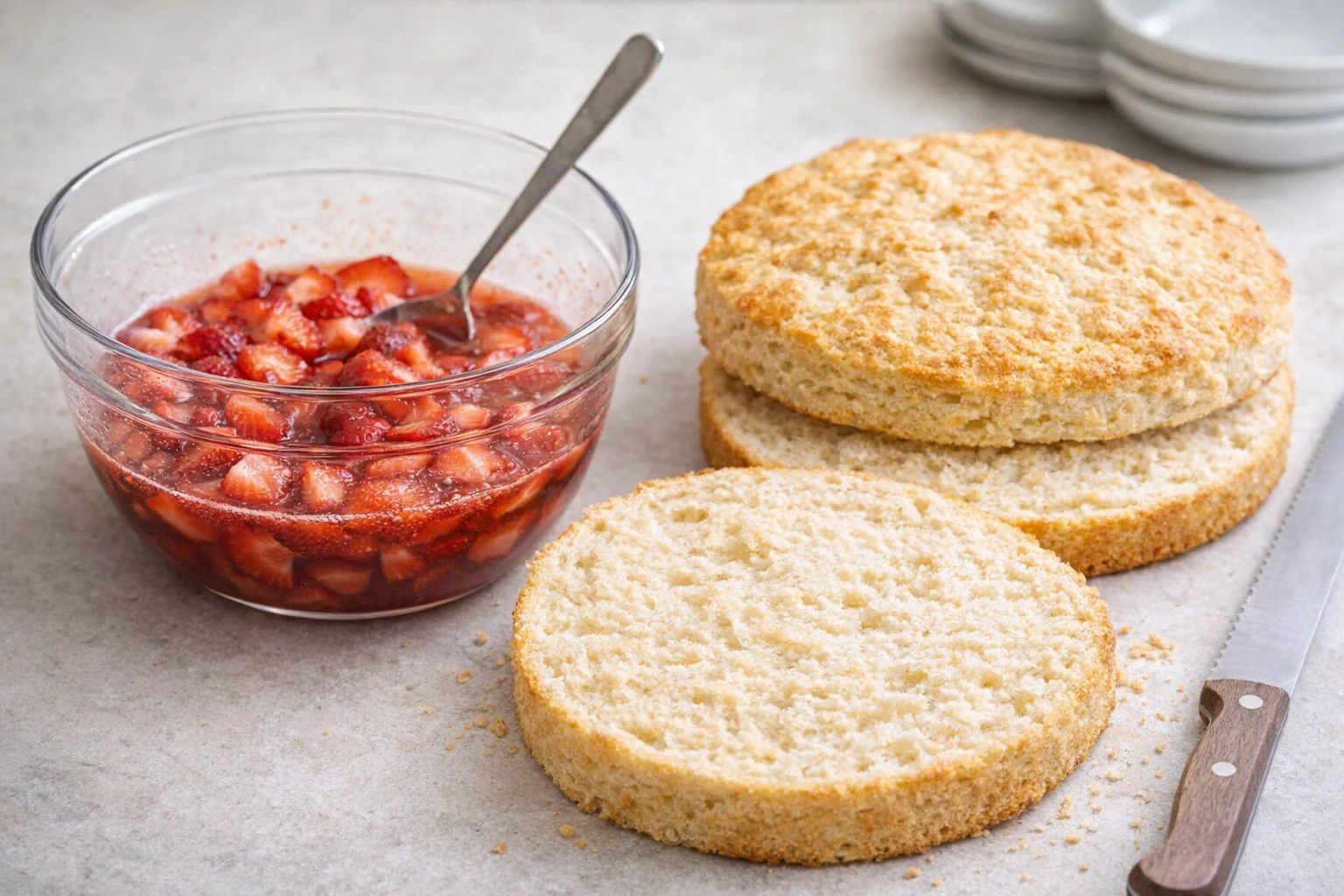 Sliced strawberries macerating in a bowl while cooled shortcake rests before slicing horizontally.