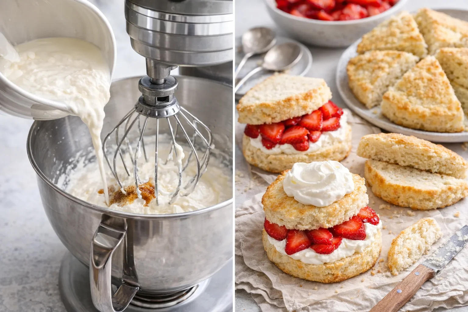 Mixer whipping cream to soft peaks beside shortcake wedges being cut and sliced horizontally.