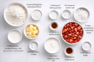 Measured ingredients arranged for Strawberry Shortcake: 2 cups (250 grams) all-purpose flour, 2 tablespoons sugar, 1 tablespoon baking powder, 3/4 teaspoon kosher salt, 6 tablespoons unsalted butter, cold and cut into ½
