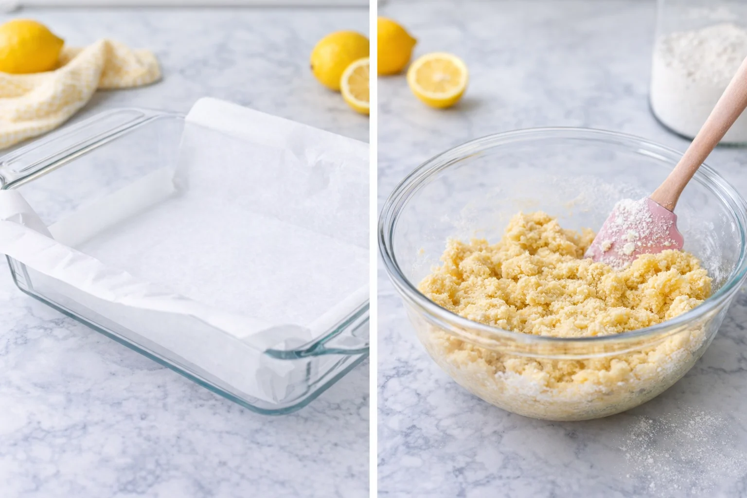 Parchment-lined 9×13 glass pan with overhanging edges and bowl with thick shortbread dough.