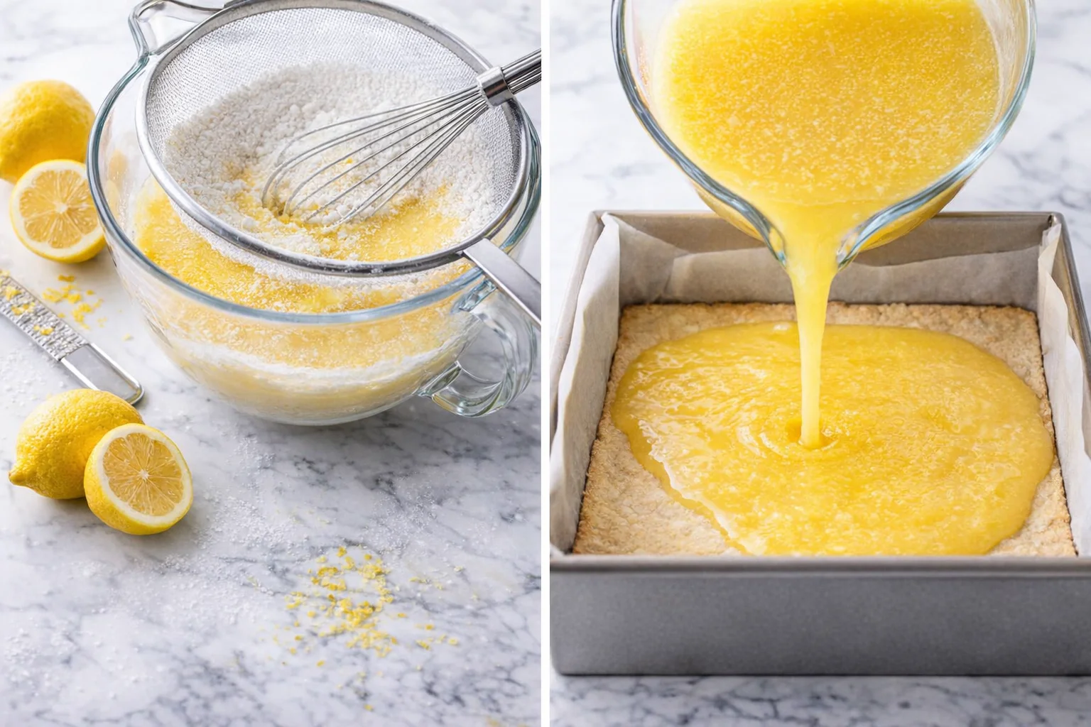 Bright lemon filling in bowl being poured over warm crust, specks of zest visible.