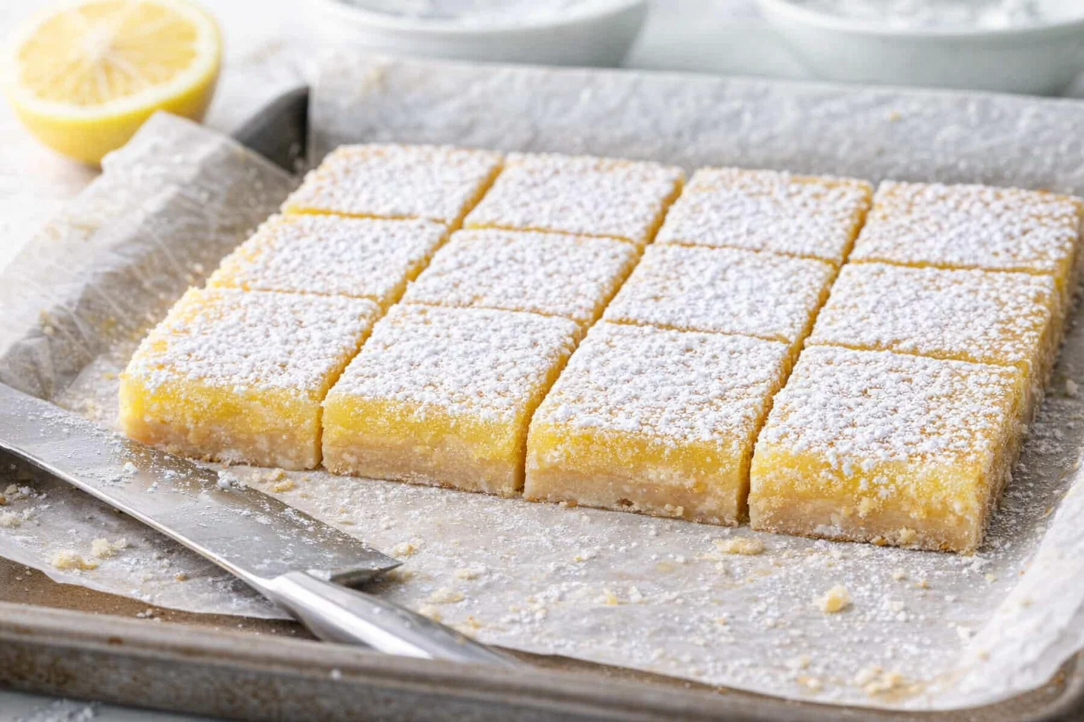 Parchment overhang lifts chilled lemon bars from pan, dusted with confectioners' sugar and sliced.