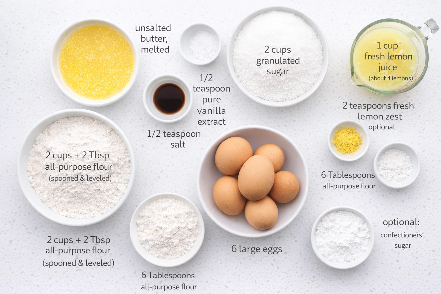 Measured ingredients arranged for Lemon Bars with Shortbread Crust - Sally's Baking: 1 cup (16 Tbsp; 226g) unsalted butter, melted, 1/2 cup (100g) granulated sugar, 2 teaspoons pure vanilla extract, 1/2 teaspoon salt, 2 