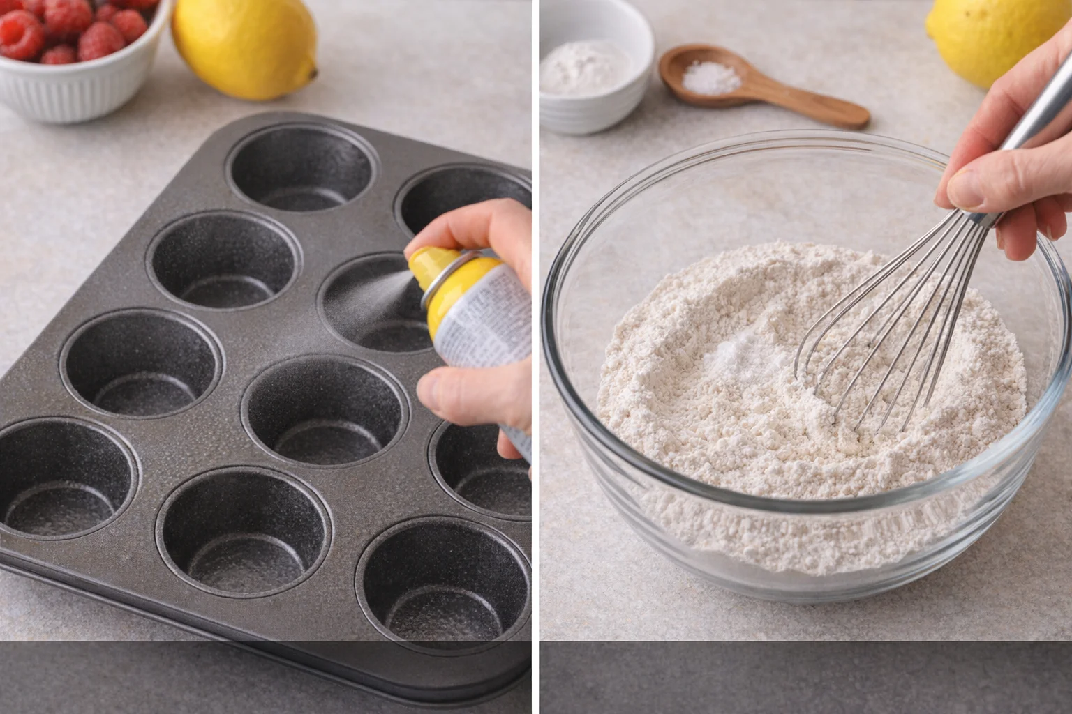Greased 12-cup muffin tin beside bowl of whisked flour, baking powder, and salt.