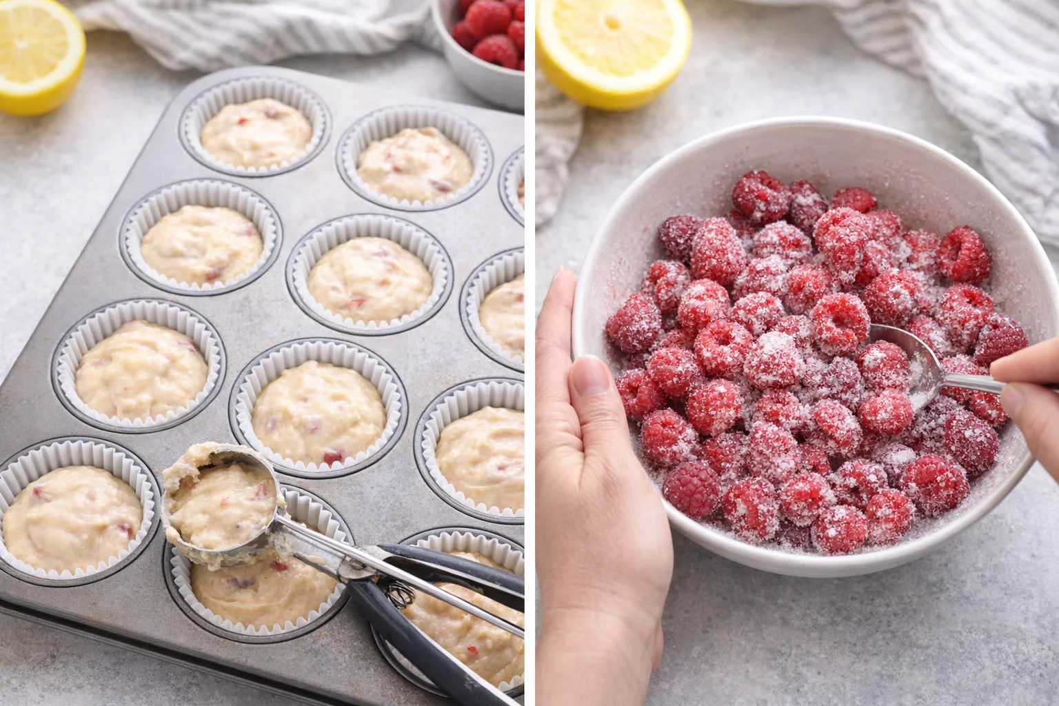 Filled muffin tin with batter in each cup, small bowl of raspberries tossed with sugar.
