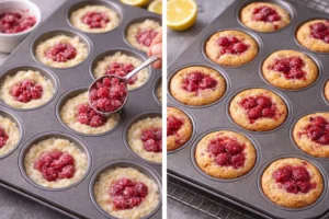 Rounded tablespoon of sugared raspberries pressed into centers of batter in muffin cups.