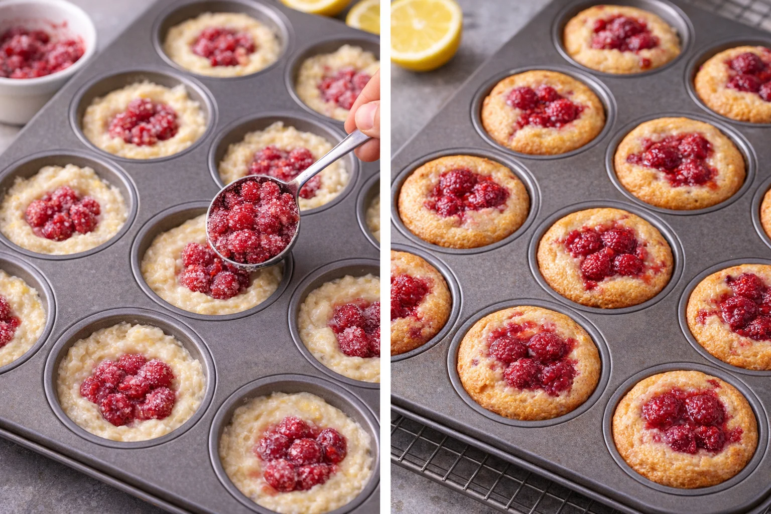 Rounded tablespoon of sugared raspberries pressed into centers of batter in muffin cups.