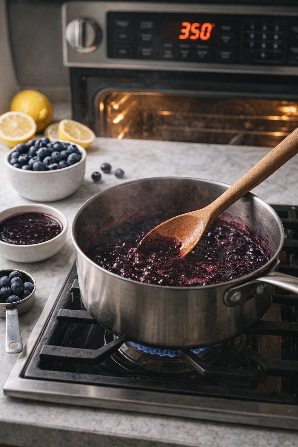 Saucepan on stovetop with blueberries simmering and breaking down into a glossy sauce.