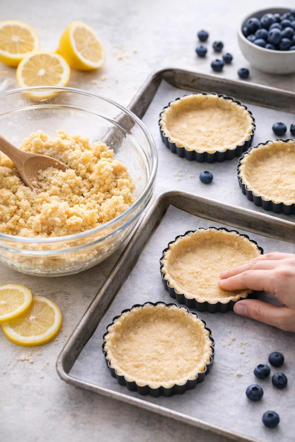 Hands pressing shortbread dough evenly into a round tart pan, edges formed.