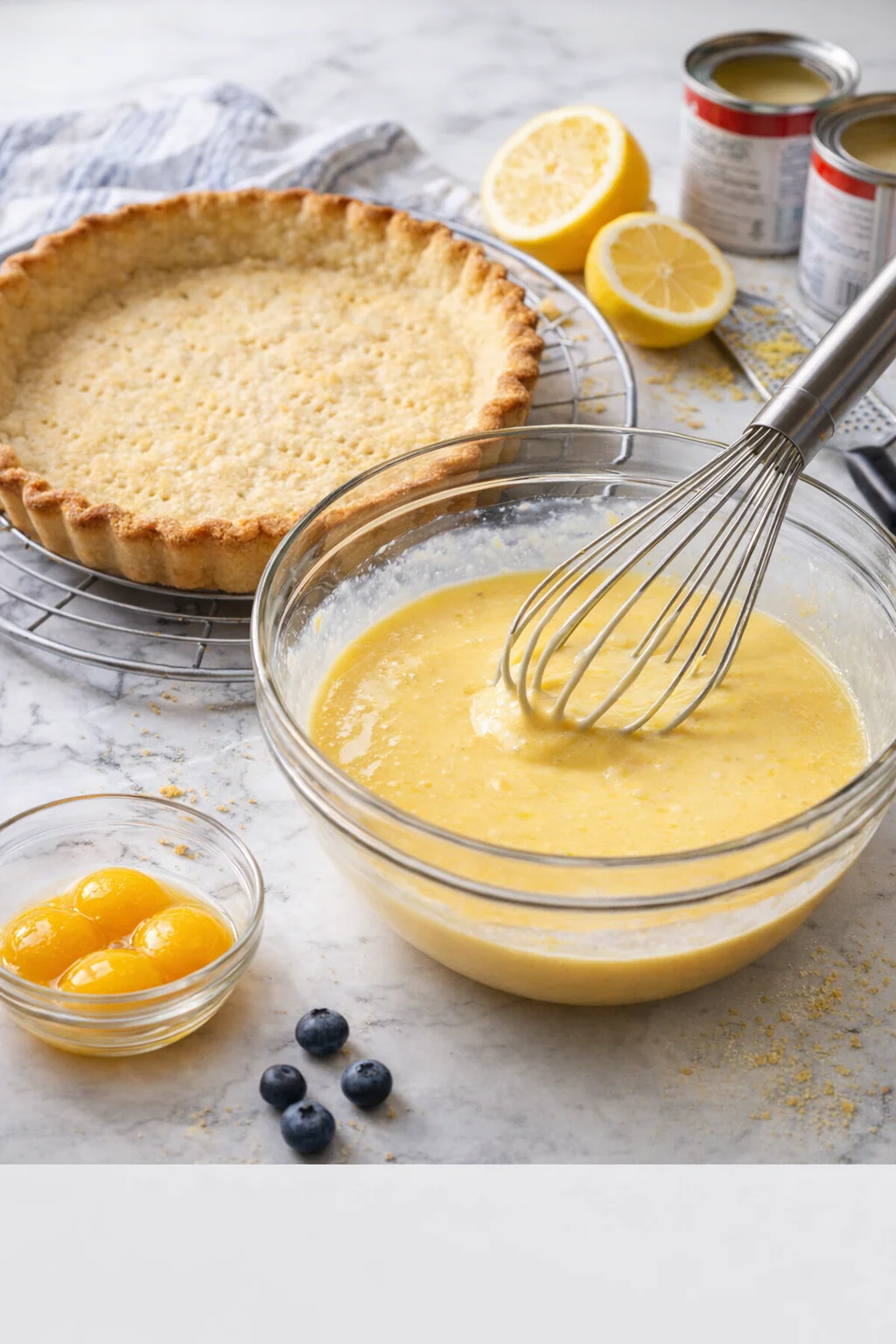 Golden shortbread crust cooling on baking sheet beside bowl of lemon filling being whisked.