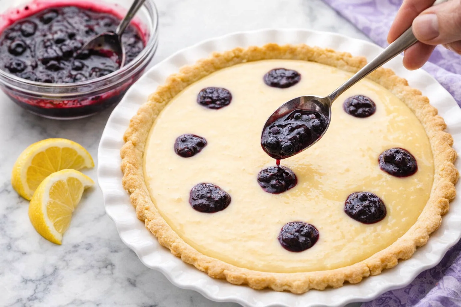 Thick lemon filling poured into warm crust, small dollops of blueberry sauce dotted on top.