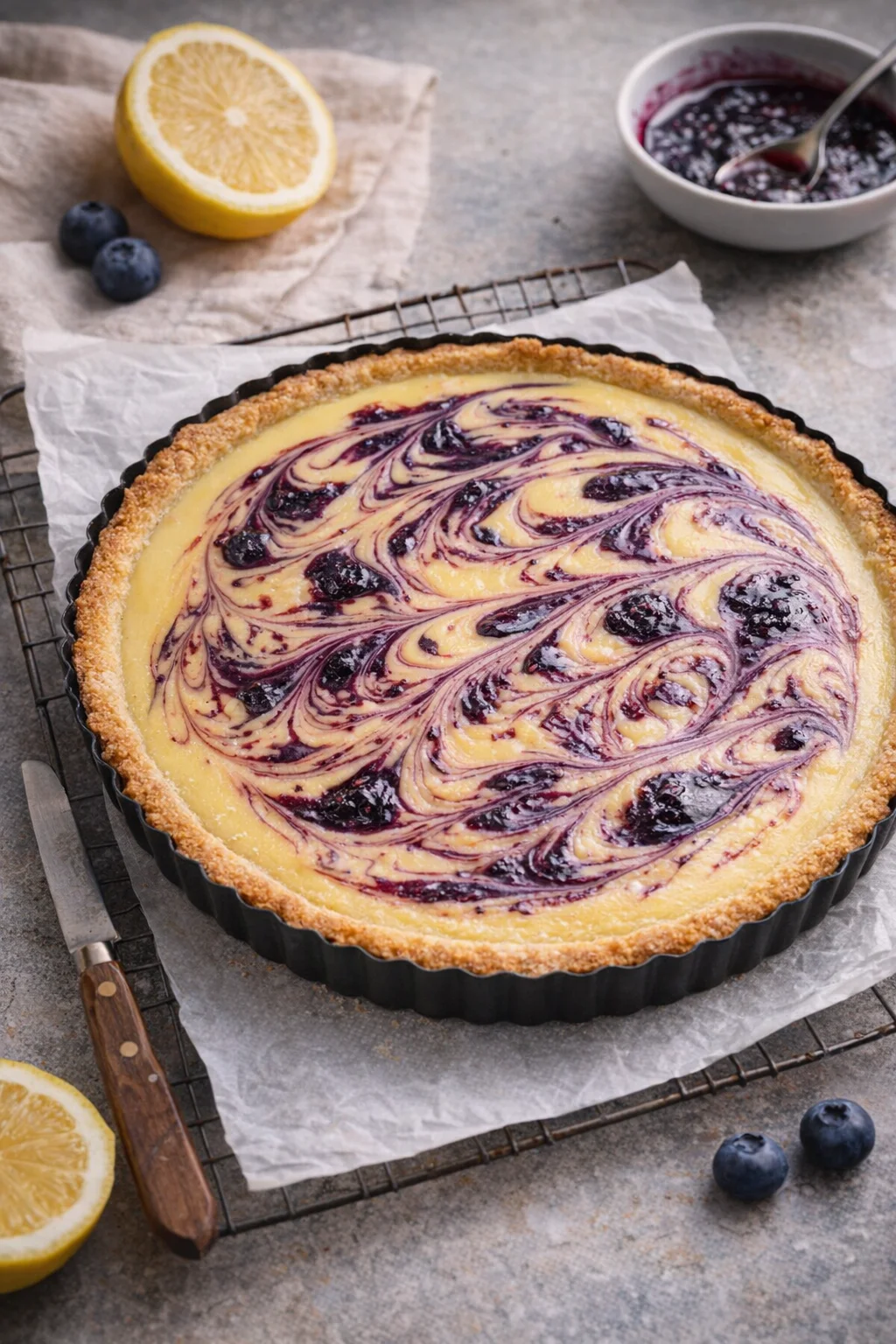 Close-up of swirled filling in tart pan before baking, marbled blueberry ribbons visible.