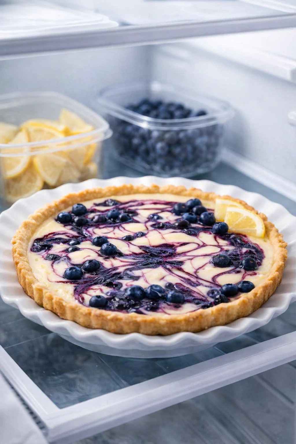 Whole tart cooling on a wire rack, then covered and placed in refrigerator to chill.