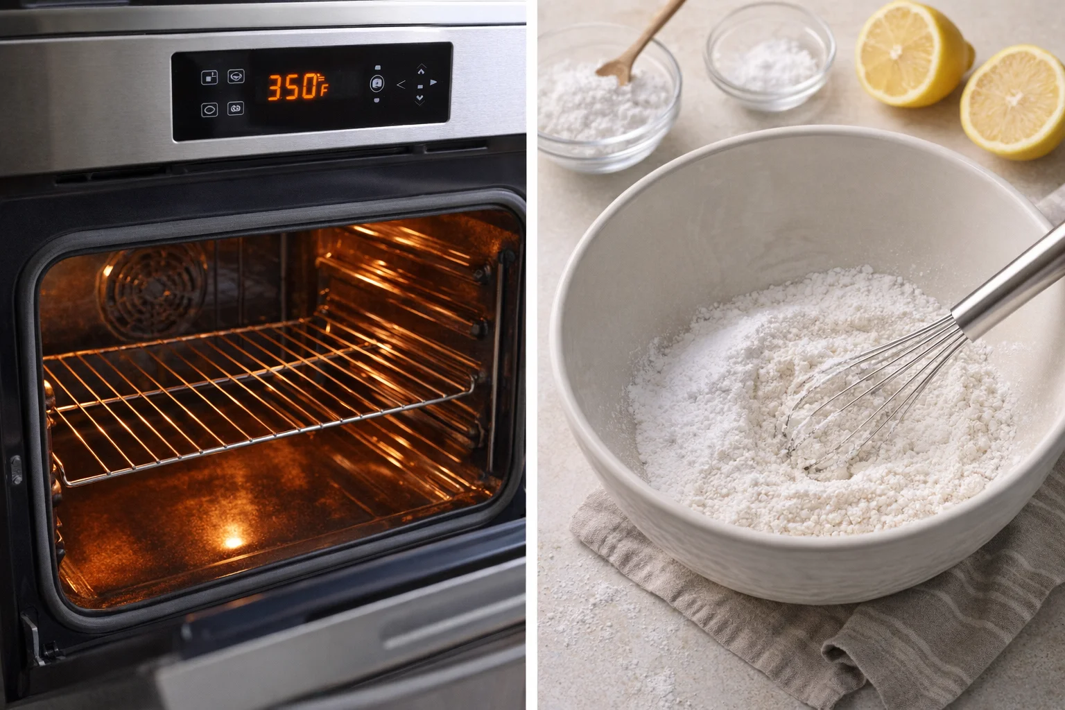 Whisk mixing bowl with flour, powdered sugar, and salt beside preheating oven.
