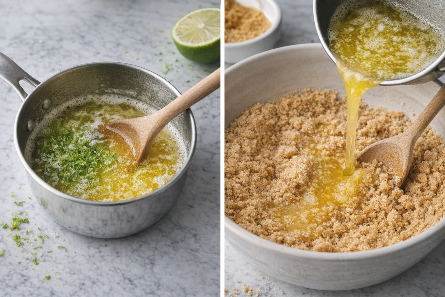 Pouring melted butter with lime zest into flour mixture, stirring until moistened.
