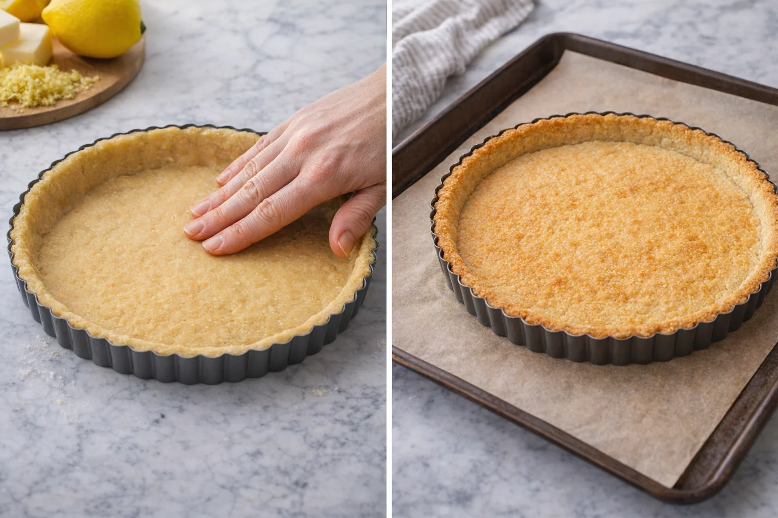 Pressed dough lining a 9-inch tart pan placed on a baking sheet, golden-brown crust.