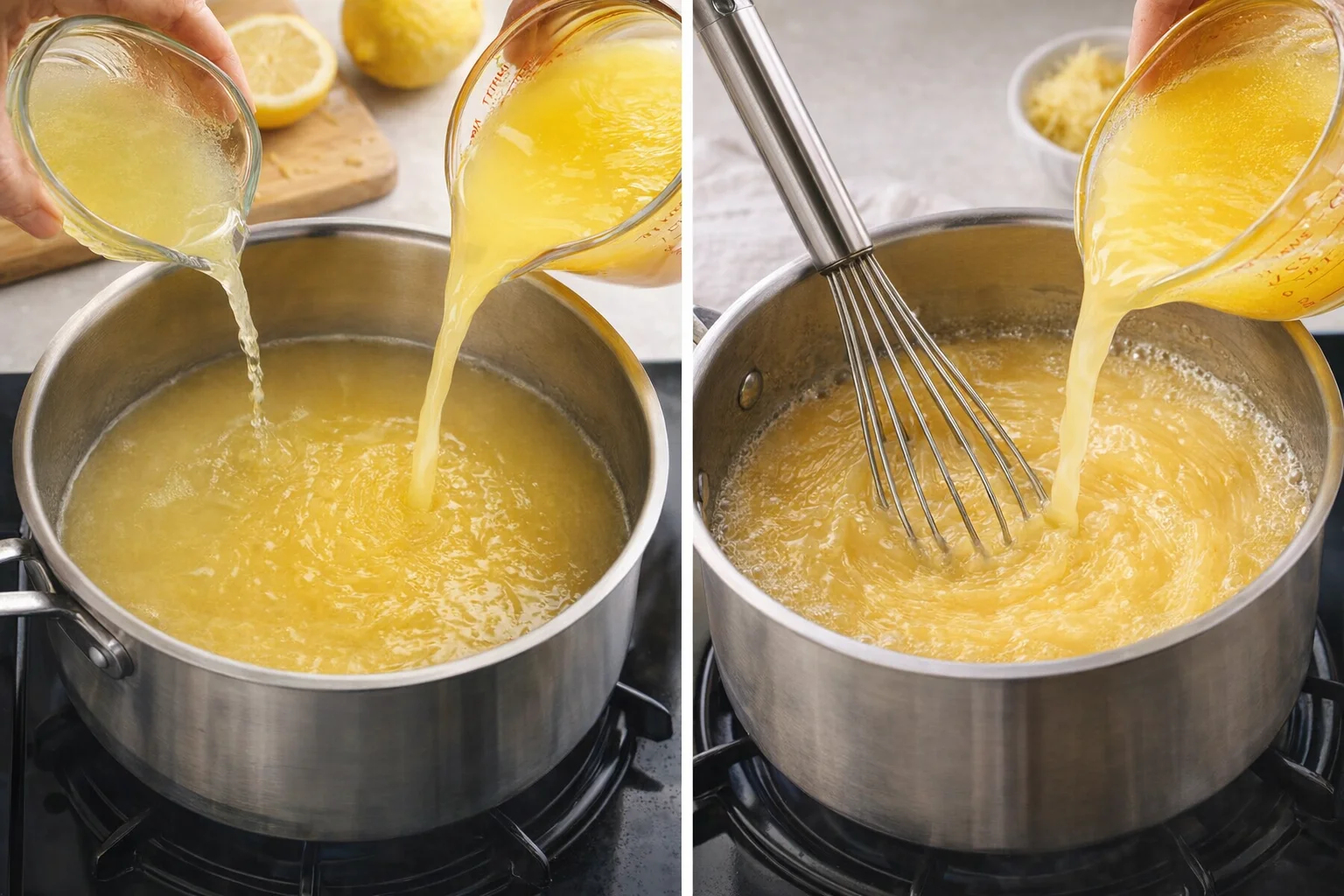 Saucepan on stovetop whisking lemon and ginger juice until mixture thickens.