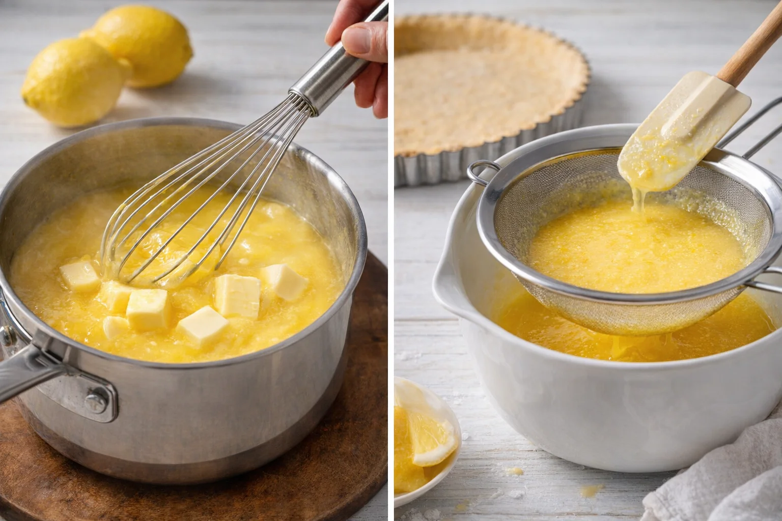 Pouring curd through fine-mesh sieve into bowl, creating silky smooth lemon-ginger curd.