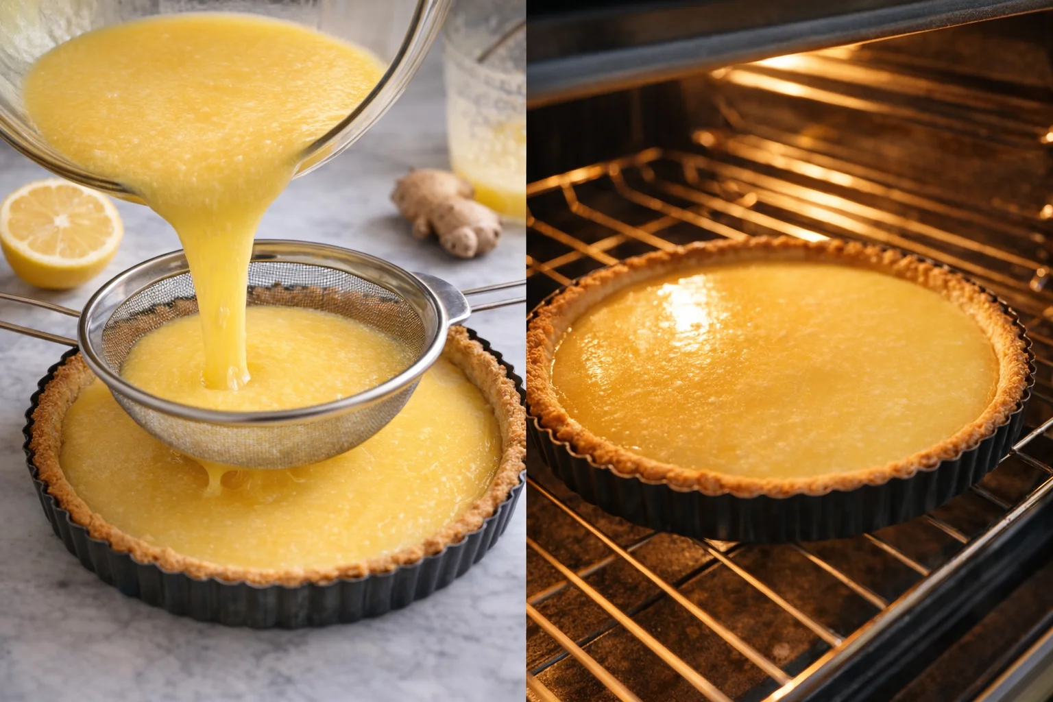 Pouring strained lemon-ginger curd into prebaked crust ready for final bake.