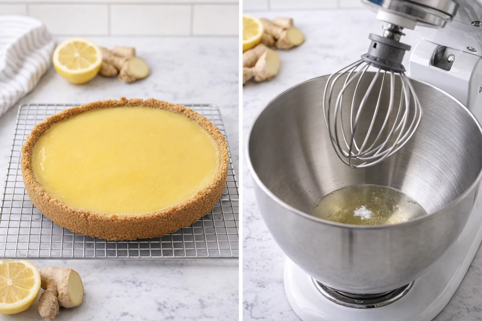 Stand mixer bowl containing egg whites and cream of tartar waiting to be whipped.