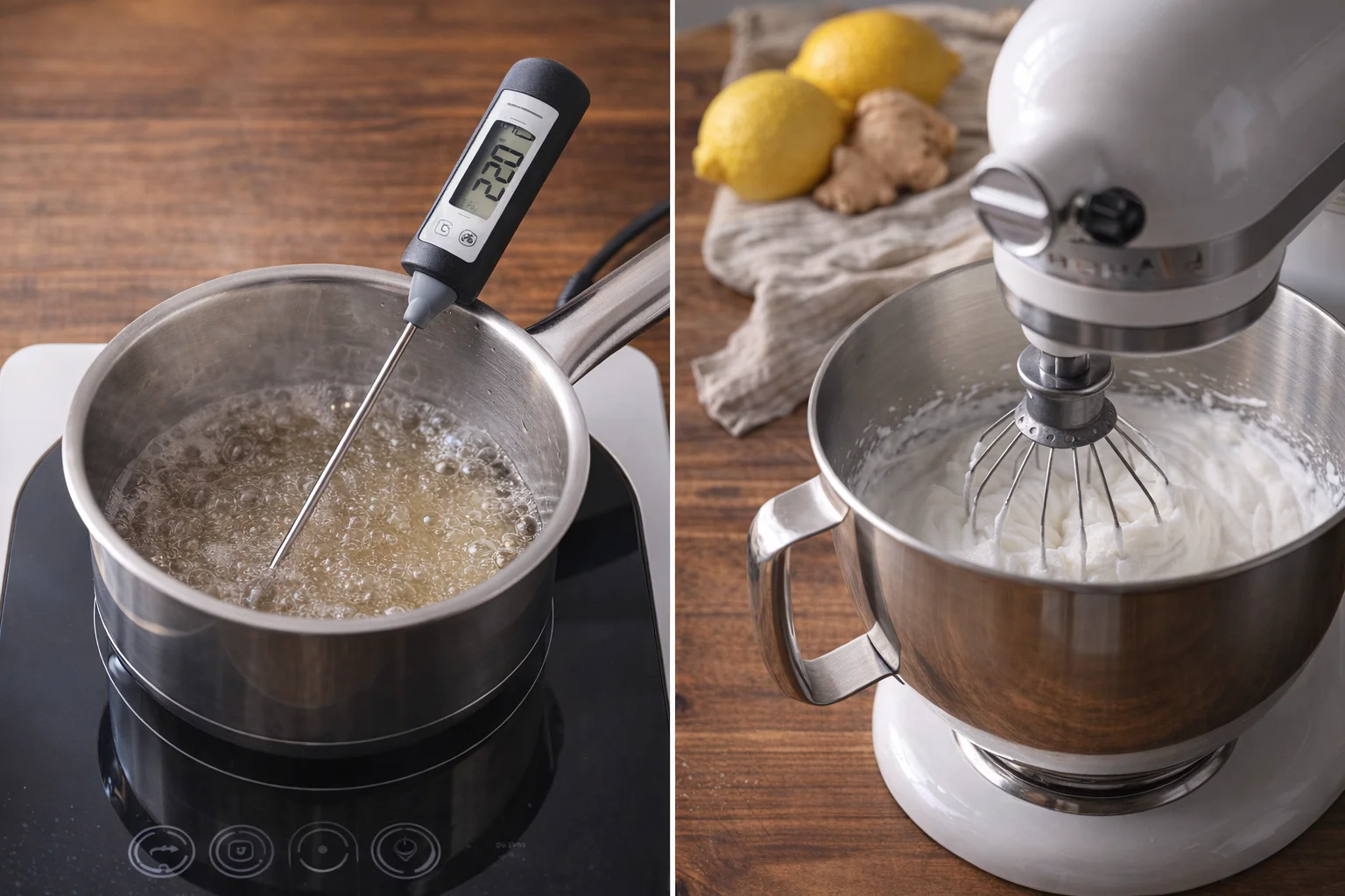 Small saucepan boiling sugar-water syrup with a candy thermometer beside mixing bowl.