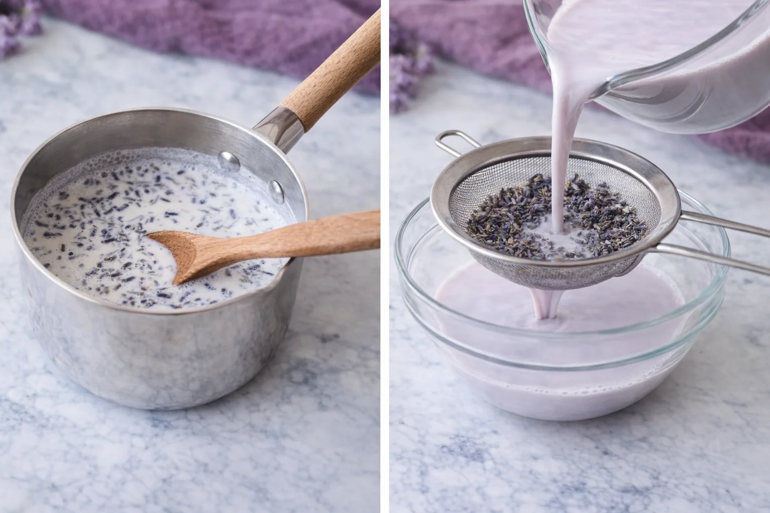 Small saucepan with simmering milk and lavender buds; strained lavender milk chilling in bowl.