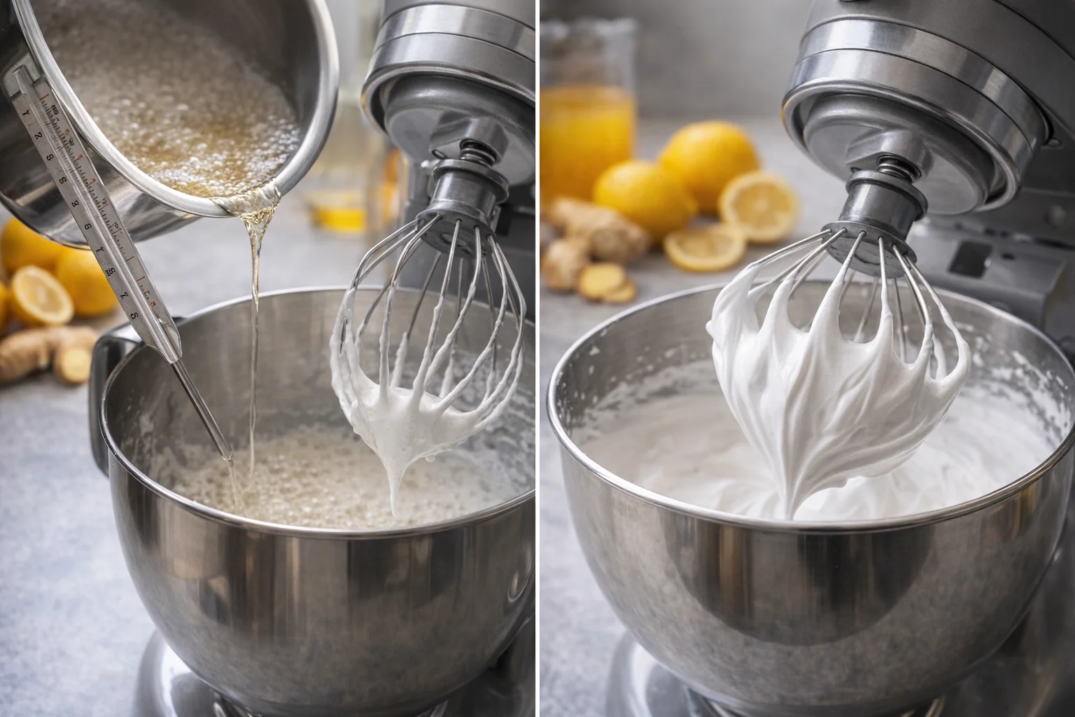 Thin stream of hot syrup poured into whisking egg whites forming glossy stiff peaks.