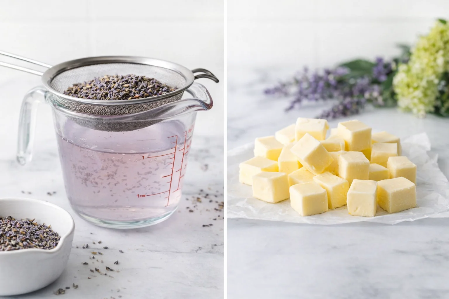 Saucepan simmering sugar water with lavender; nearby cooling jar and butter cut into cubes.
