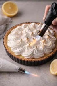 Piped Italian meringue swirled over tart, edges lightly caramelized with kitchen torch.