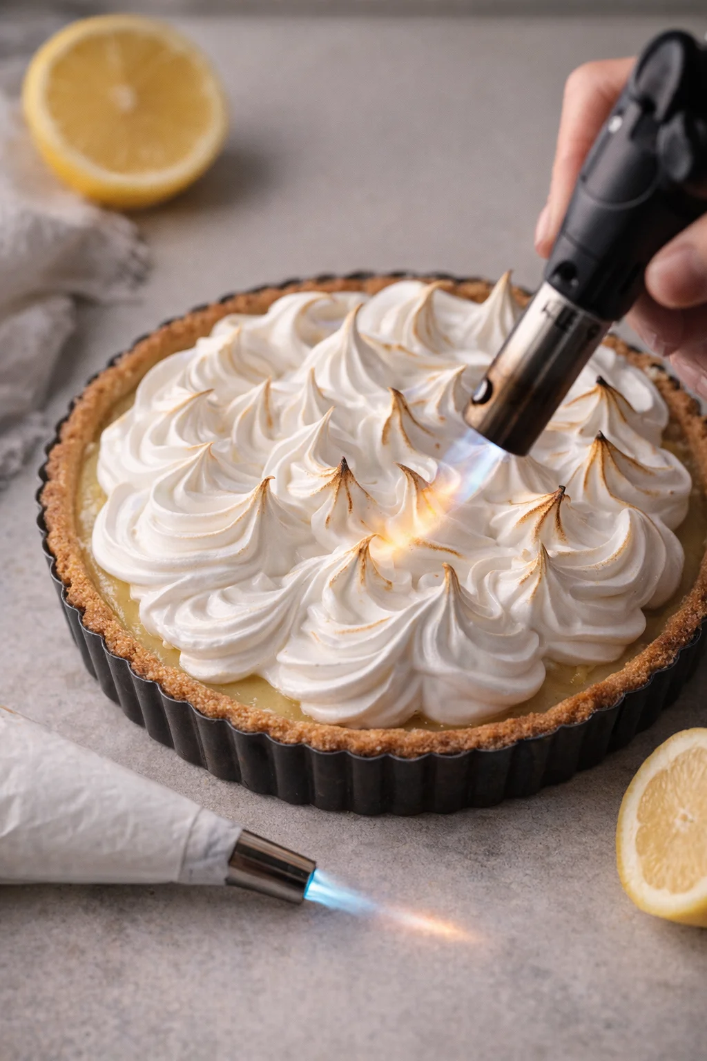 Piped Italian meringue swirled over tart, edges lightly caramelized with kitchen torch.