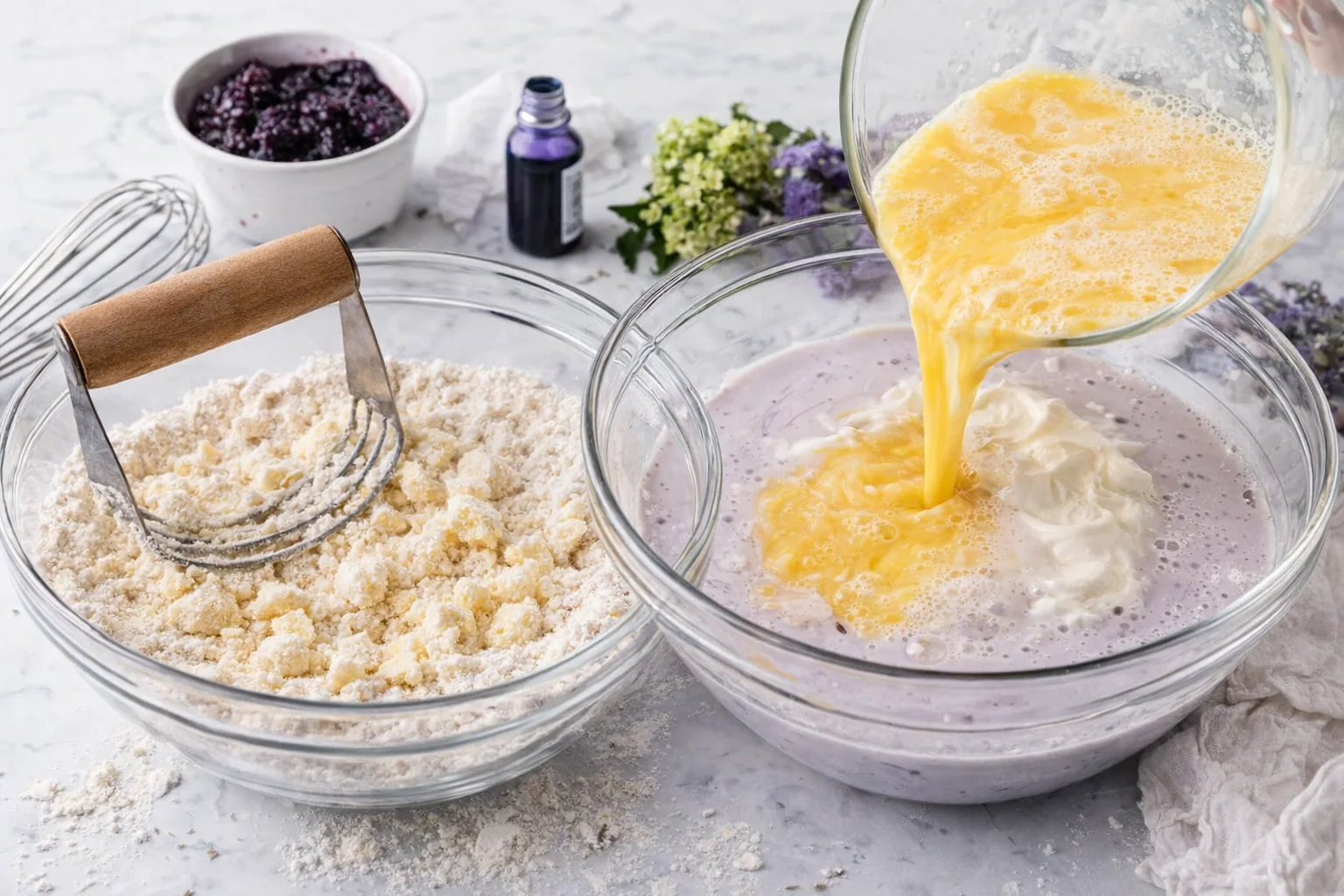 Bowl of flour mixture with cubed butter worked in; lavender milk and eggs being poured.