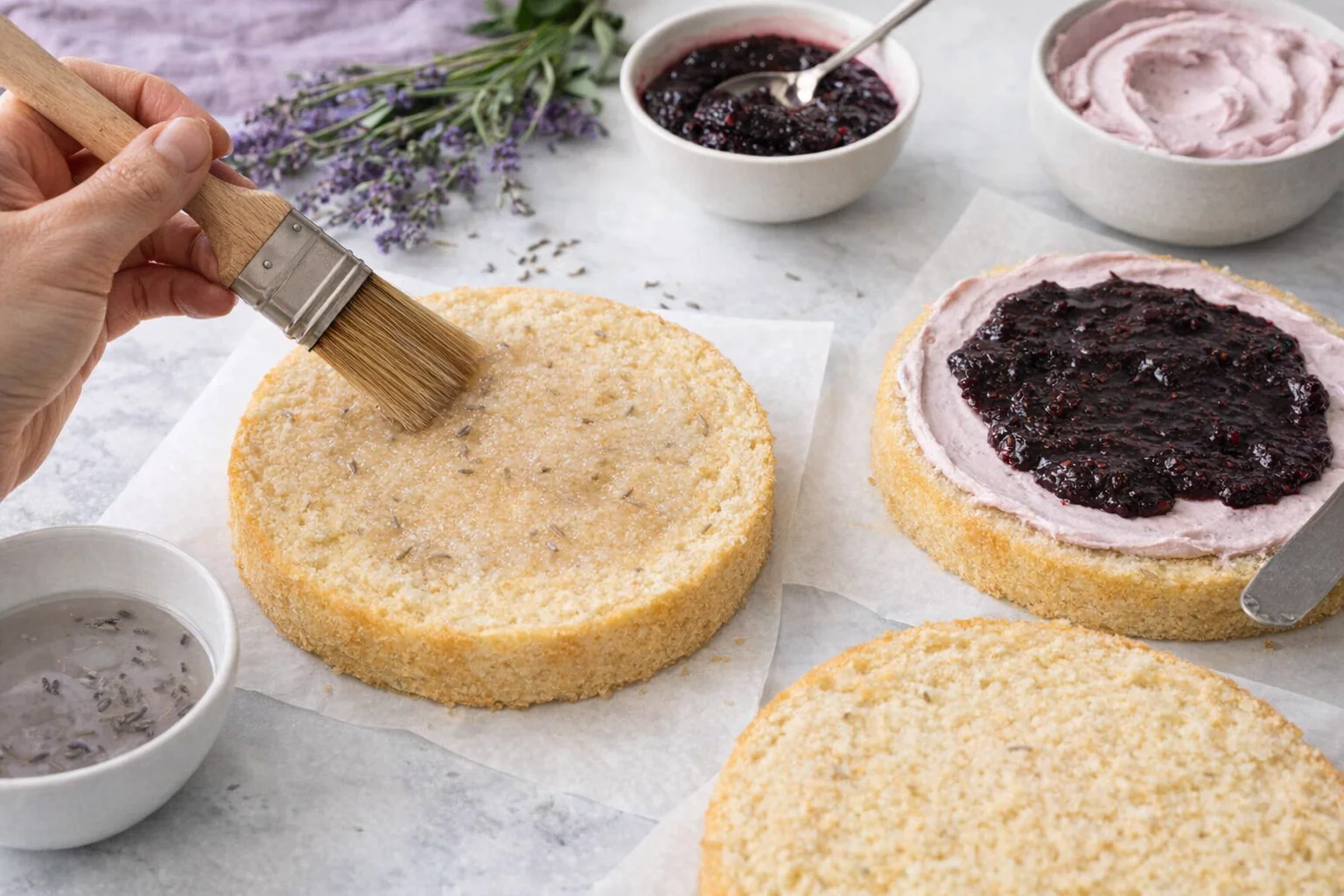 Brush applying lavender syrup to cake layer; thin frosting being spread before jam.