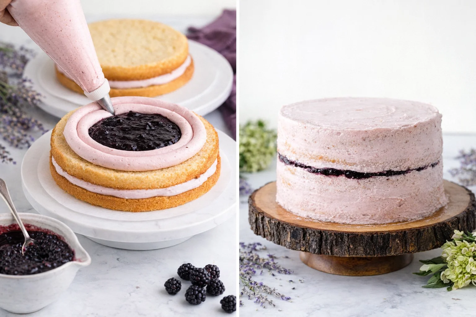 Stacked layers with piped frosting dam filled with blackberry jam; assembled cake receiving crumb coat.