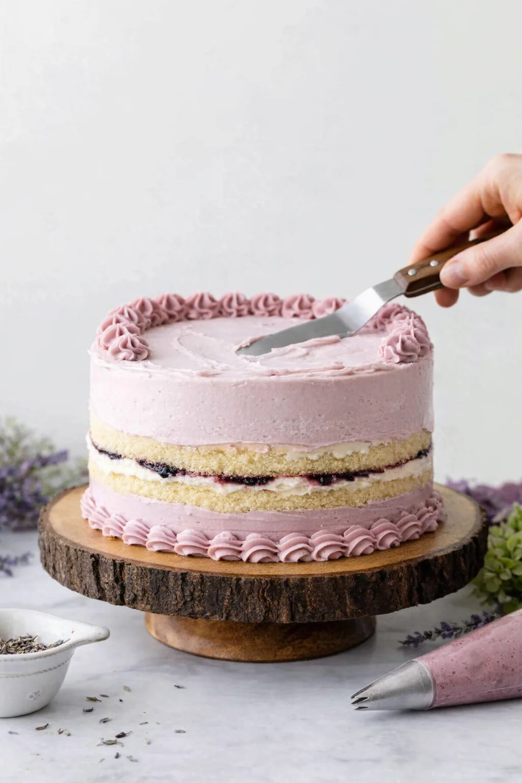 Final smooth frosting applied; piped decorative border and pale purple frosting accents.