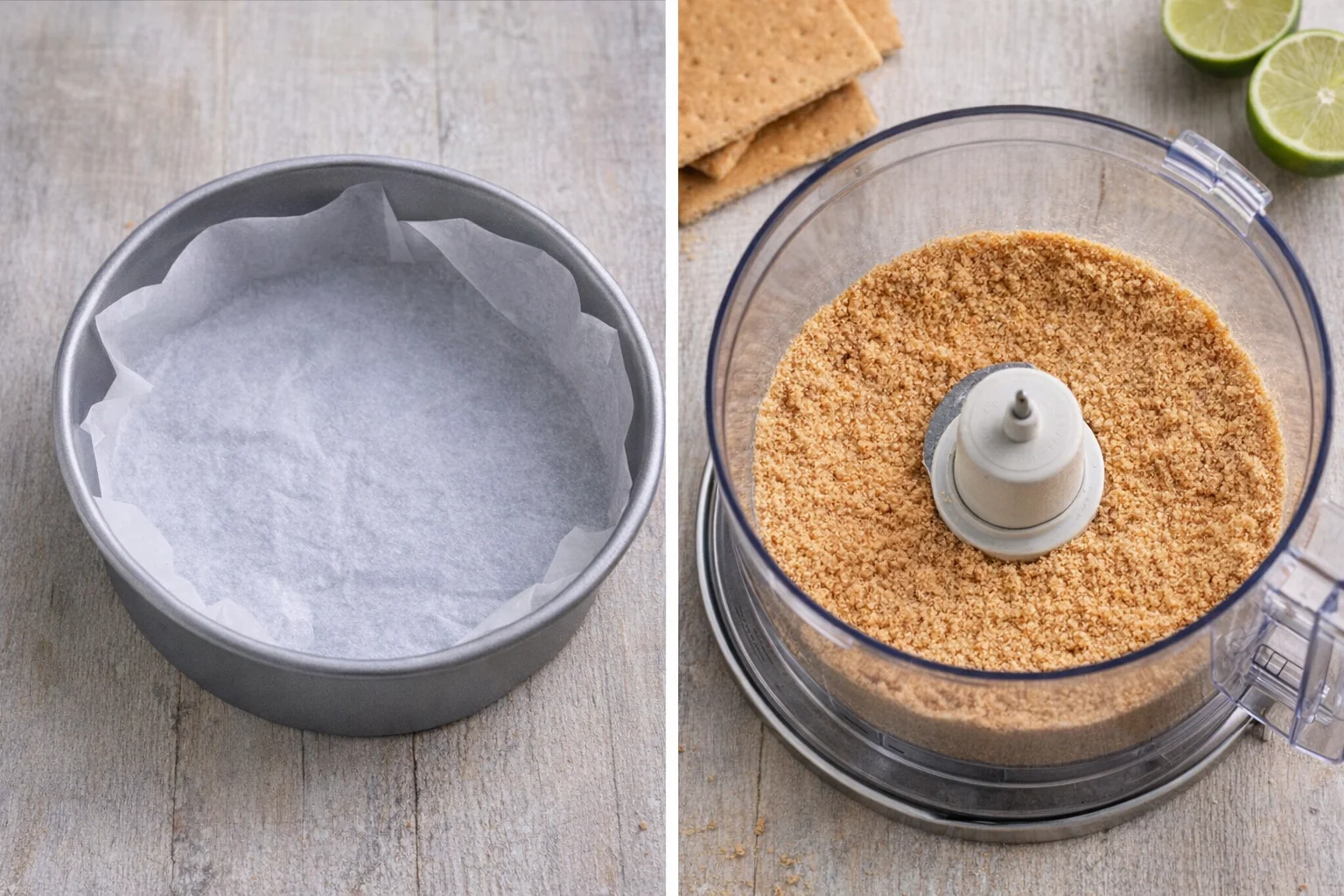 Parchment-lined greased 8-inch pan beside food processor full of fine cookie crumbs.