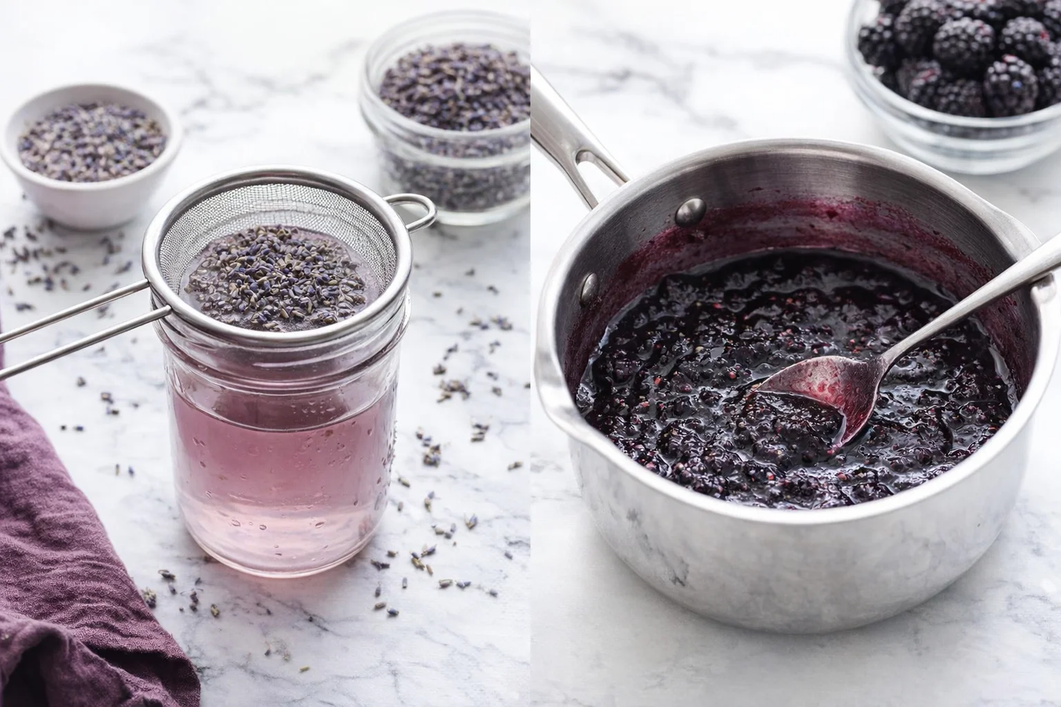 step-process-placeholder-3-4.png Two small pans: one straining lavender syrup, another simmering blackberries into jam