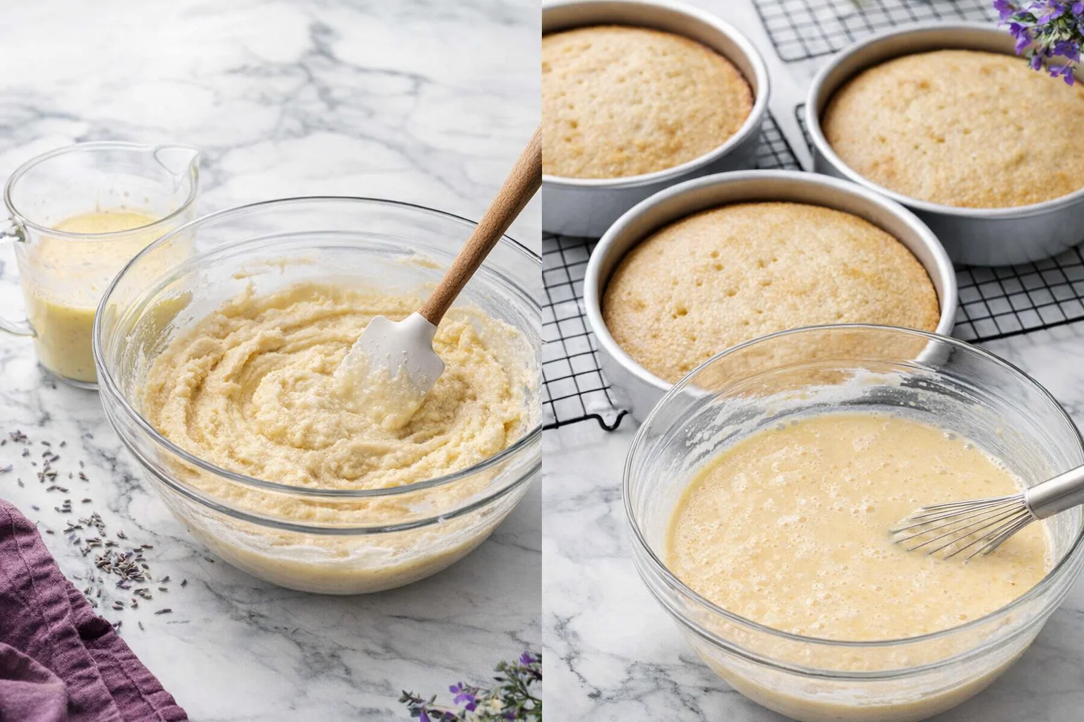 step-process-placeholder-7-8.png Pouring whisked egg-milk mixture into dry-butter mix, then scooping batter into prepared pans
