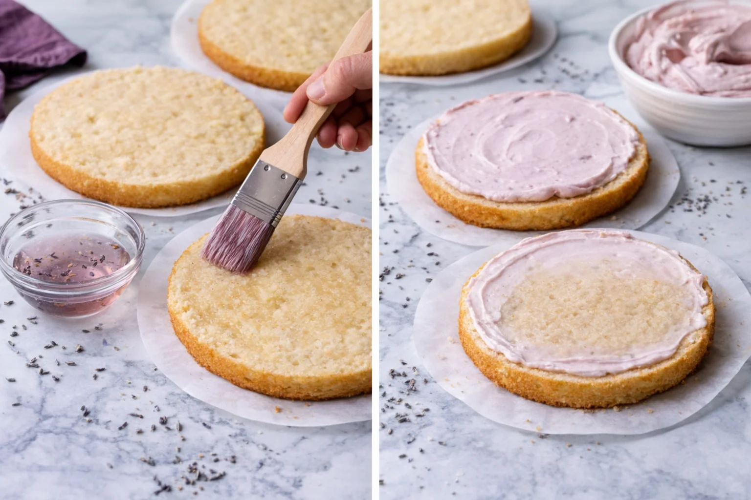 step-process-placeholder-11-12.png Brushing lavender syrup onto cake layer, then spreading a thin frosting seal with spatula