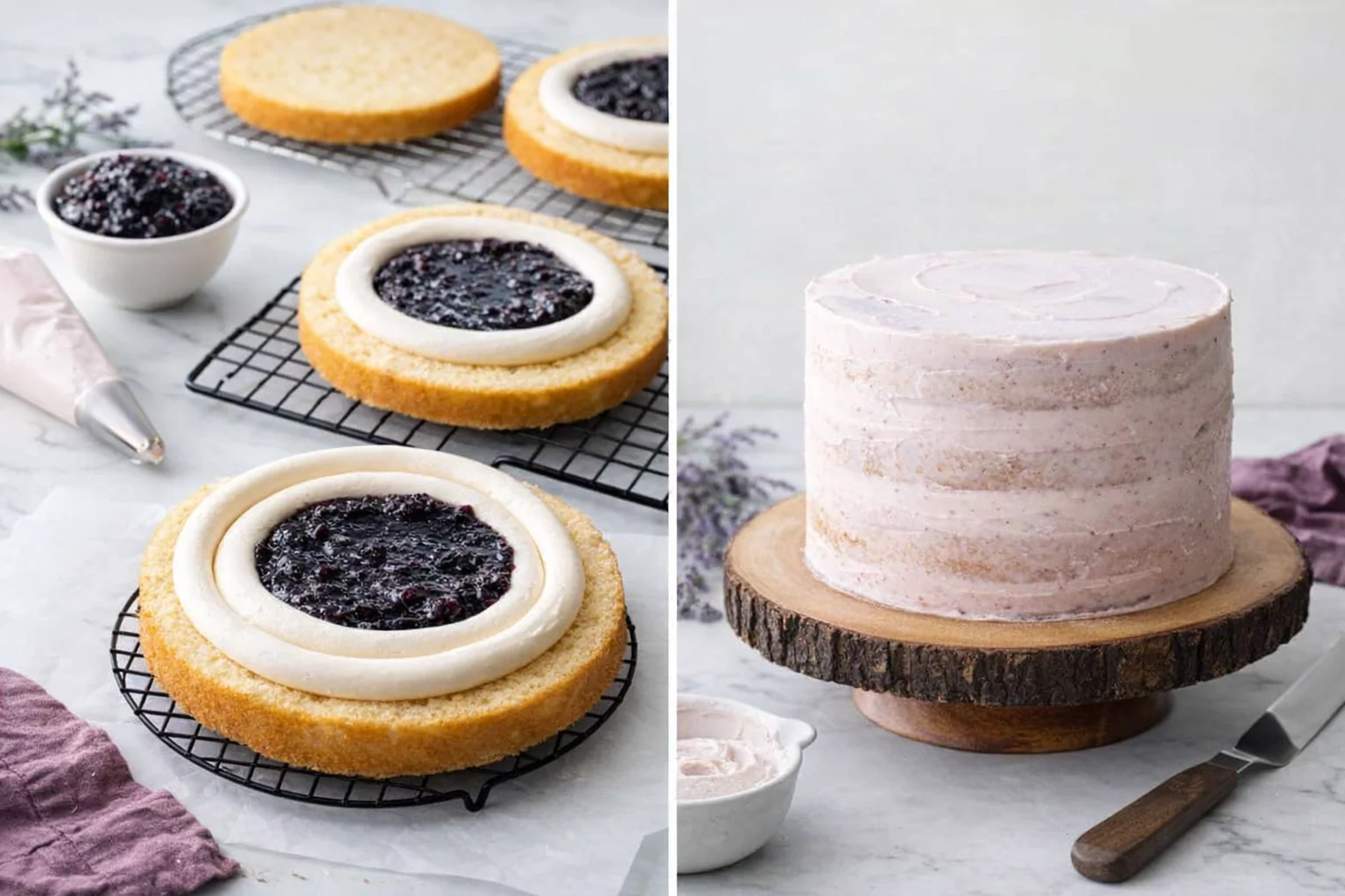 step-process-placeholder-13-14.png Piping frosting dam and bullseye, filling center with blackberry jam; stacked cake receives crumb coat