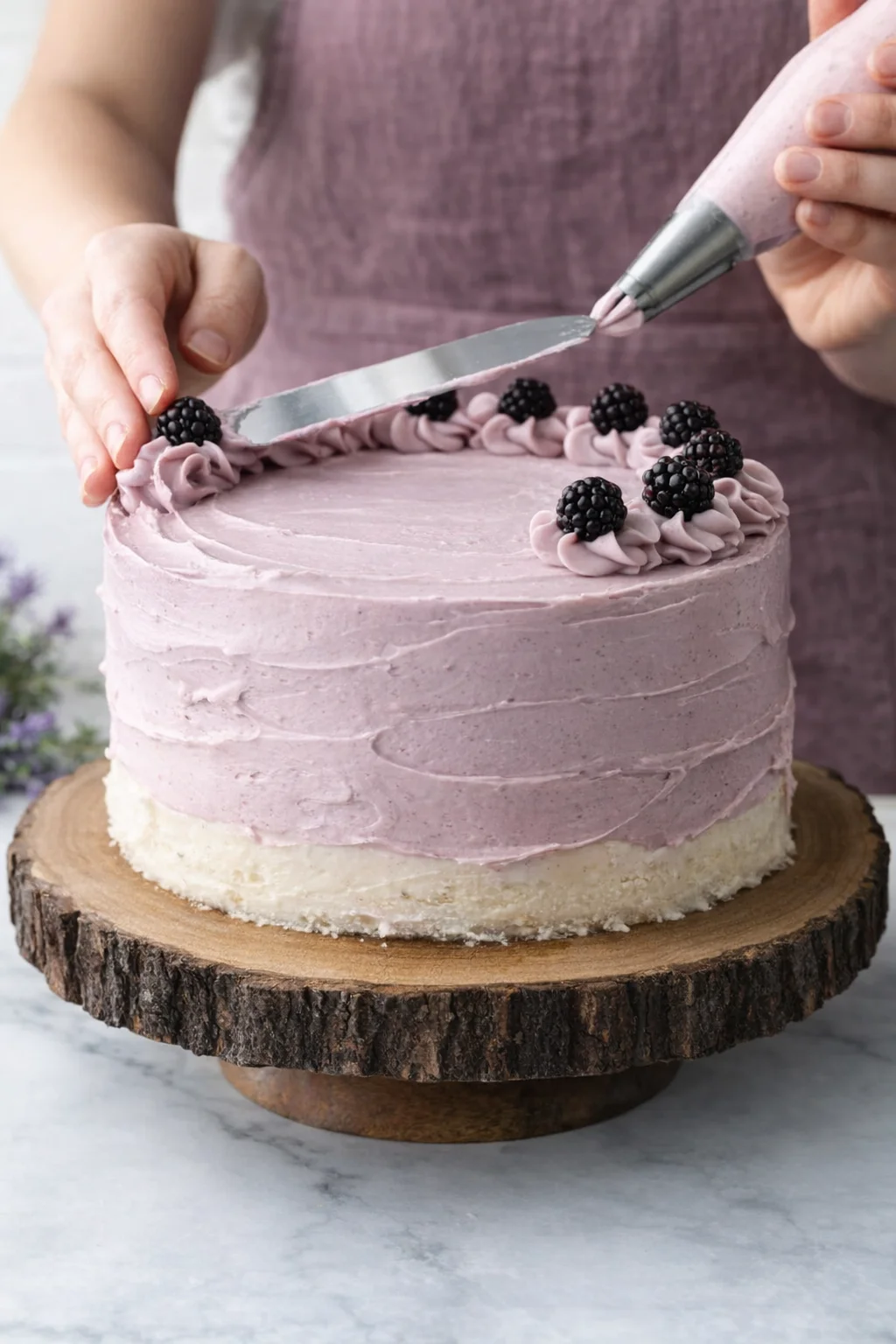 step-process-placeholder-15-15.png Spreading mauve-tinted frosting over chilled crumb coat and piping a simple top border